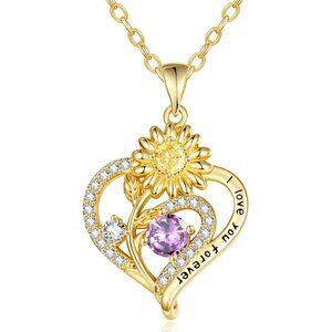 Sunflower Heart Necklace for Women, 14K Gold Birthstone Jewelry, Exquisite Anniv